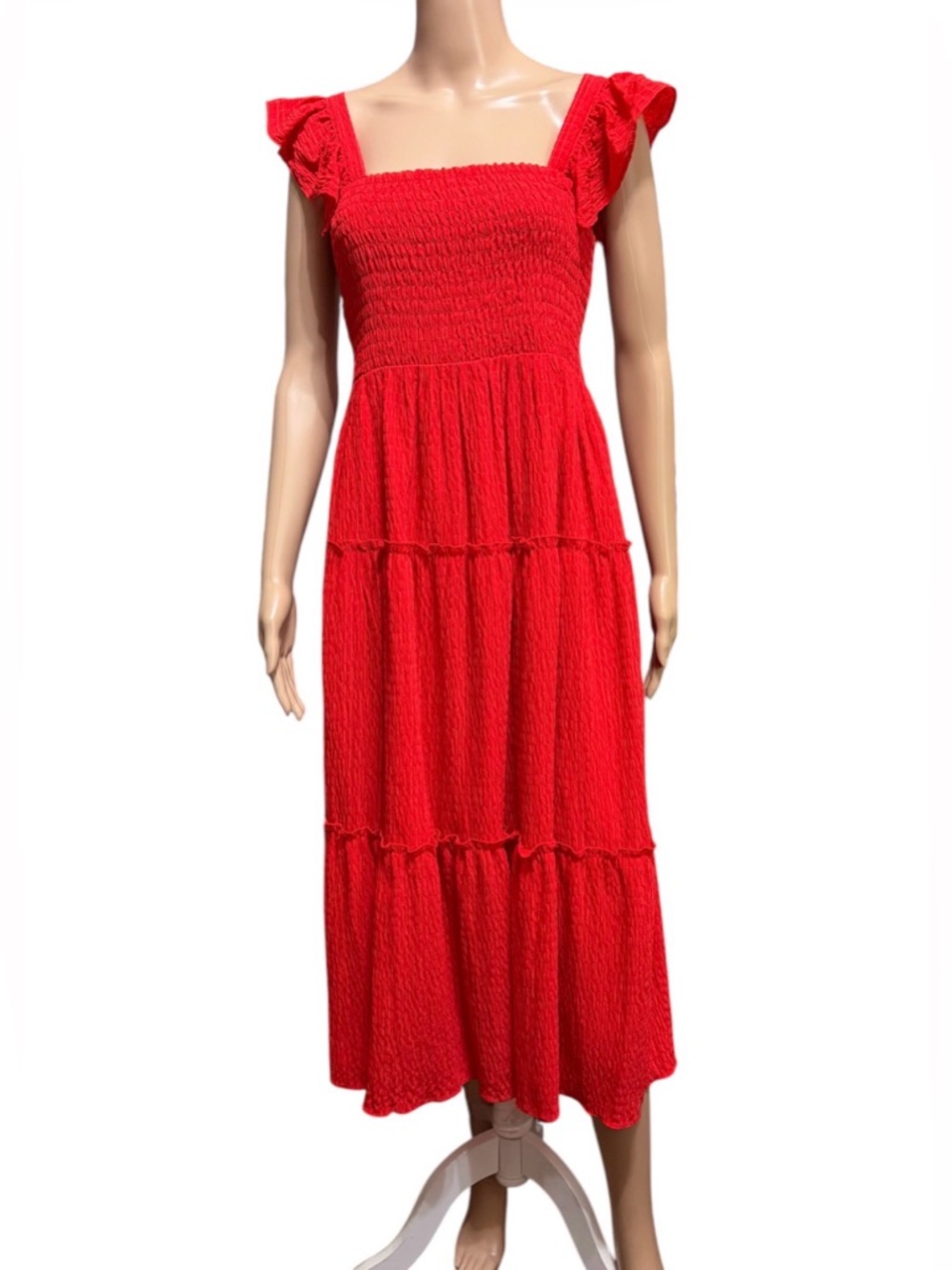 NWT Vince Camuto Women's Sz S Square-Neck Ruffle-Strap Smocked Dress Red Tiered